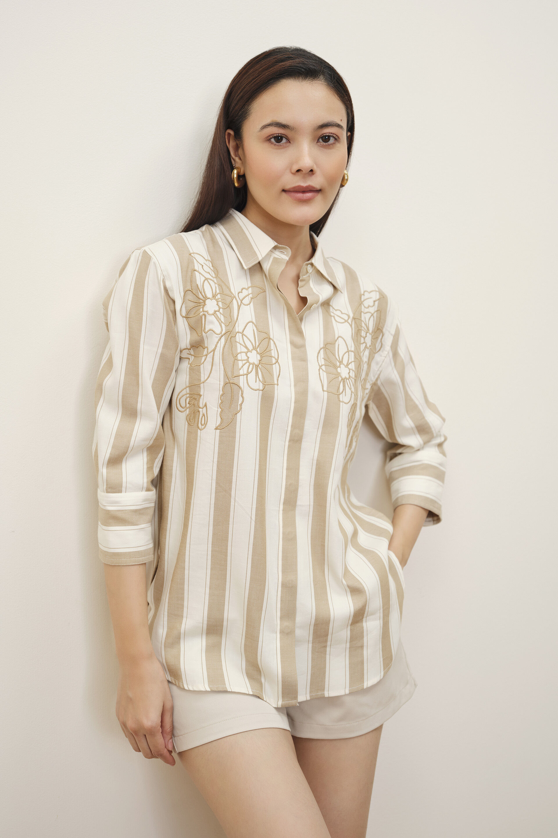 Petula Embroidered Beige Shirt, Beige, image 3